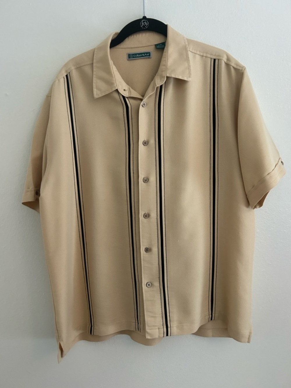 Cubavera Beige Short-Sleeve Button-Down with Black Vertical Stripes